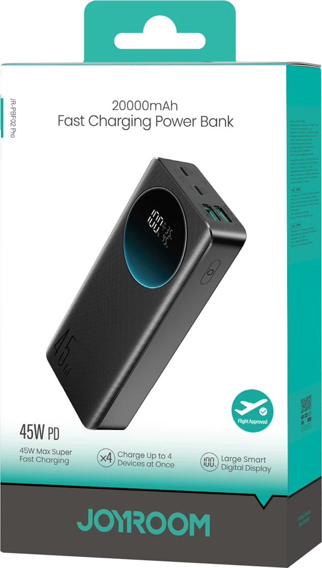 Powerbank Joyroom JR-PBF02 Pro 20000 mAh 45W ekran digjital 2x USB-A 2x USB-C i zi