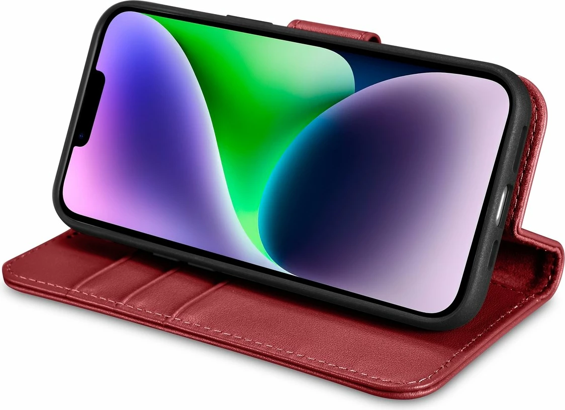 Mbështjellës iCarer Wallet Case 2in1 për iPhone 14 Plus, lëkurë natyrale, Anti-RFID, Kuq