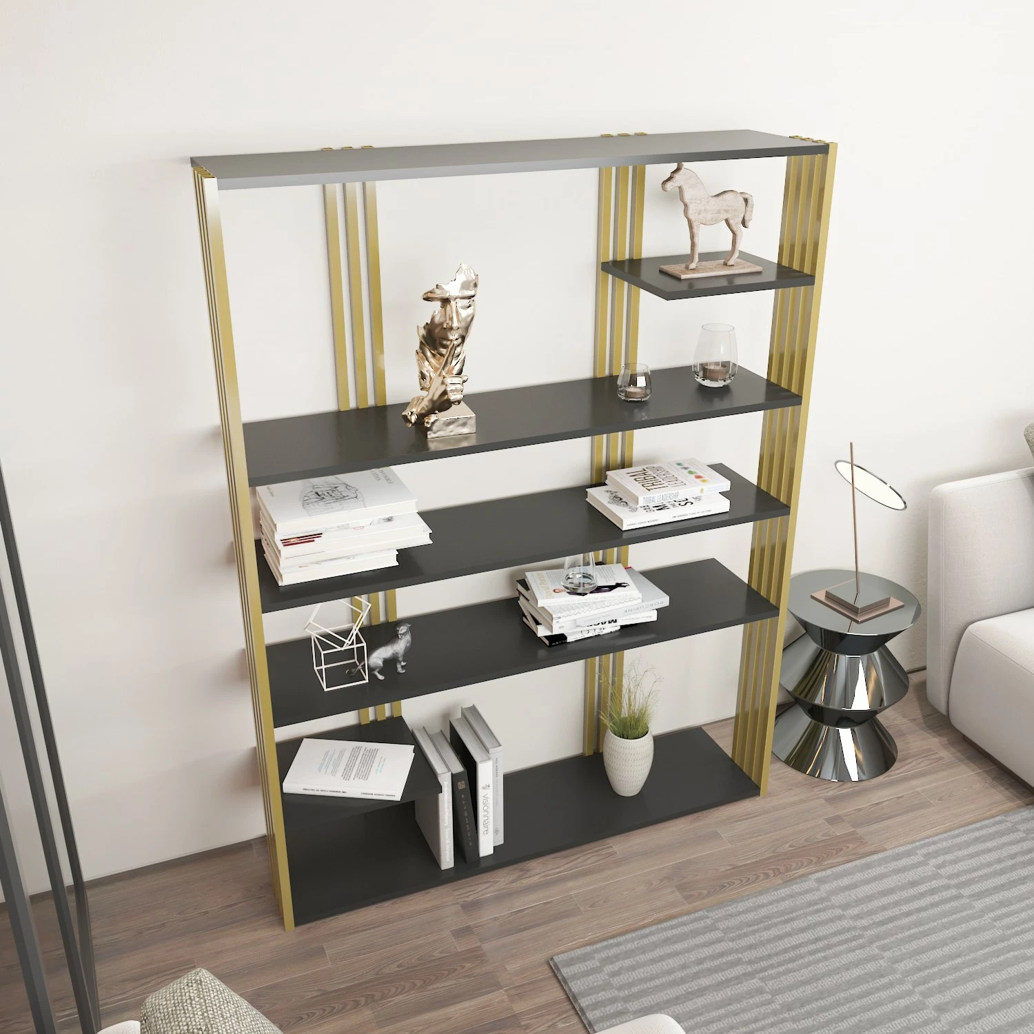 Raft librash Skye Decor, ngjyrë antracit dhe ari