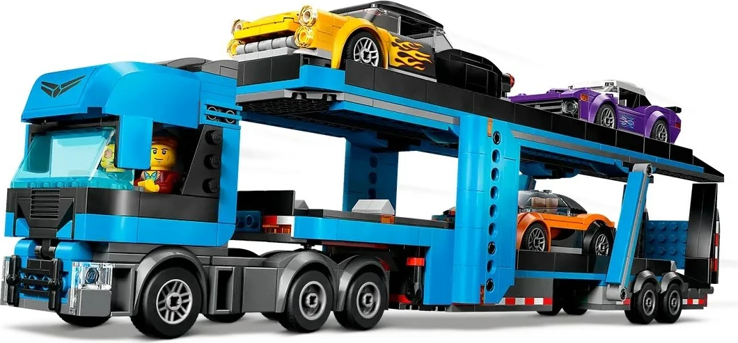 Set LEGO CITY 60408 kamion transportues makinash me makina sportive, 4 minifigura