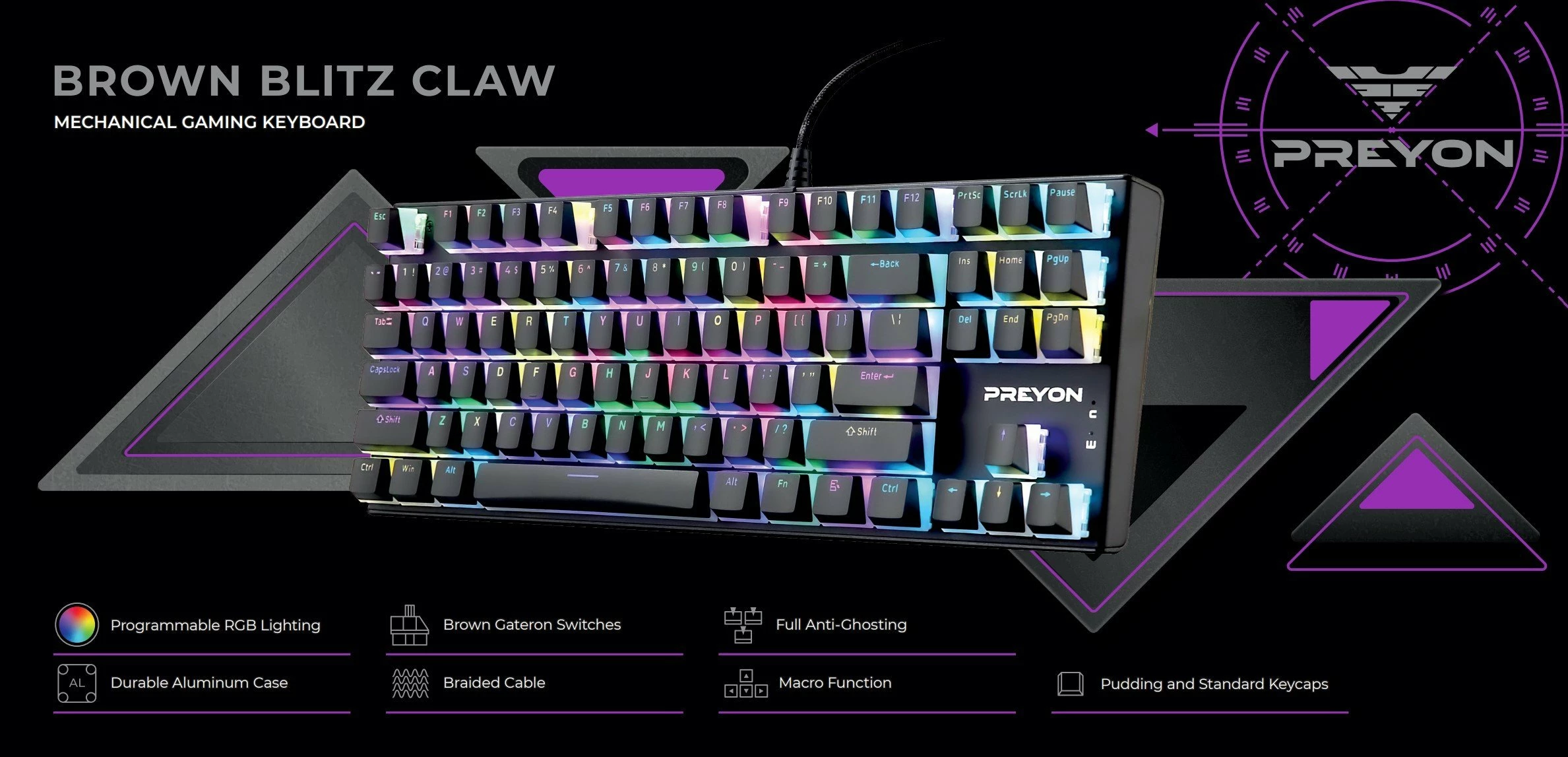 Tastierë mekanike PREYON Brown Blitz Claw PBRBC87B, TKL 80%, Gateron Brown, RGB, USB, US layout, e zezë
