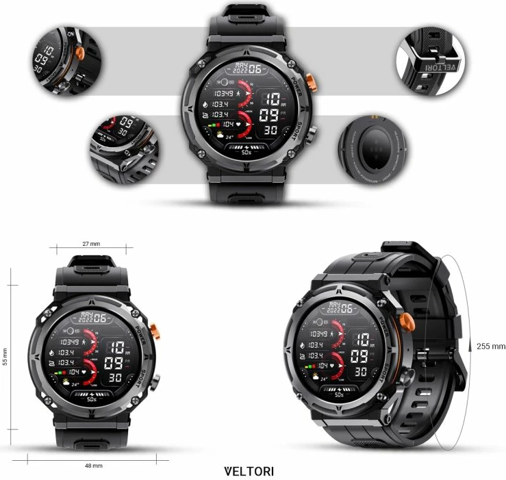 Smartwatch VELTORI për meshkuj, e zezë