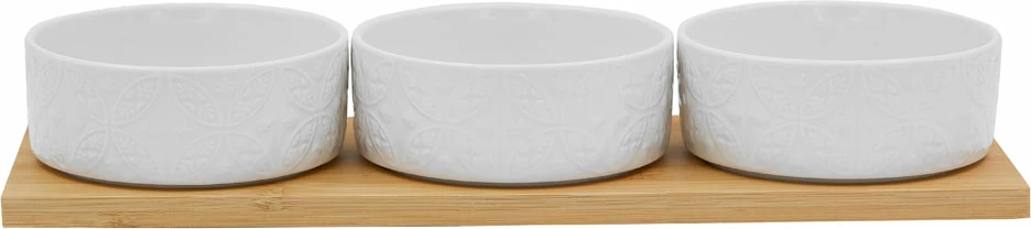 Set me 3 tasa Fleurs, porcelan i bardhë, bambu natyral, 29x10x5cm