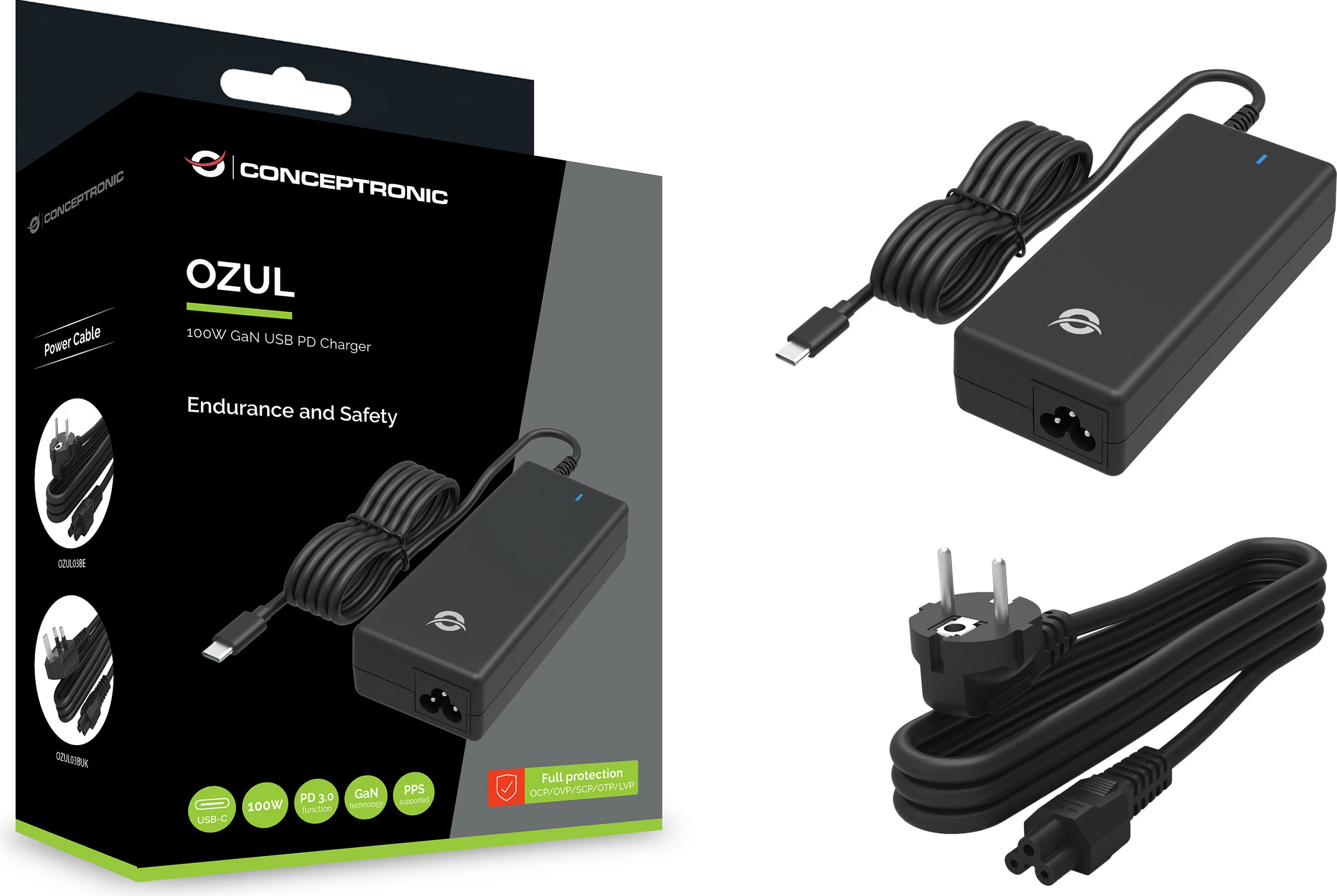 Karikues desktop USB-C PD Conceptronic OZUL03BE, 100W GaN, universal, i zi