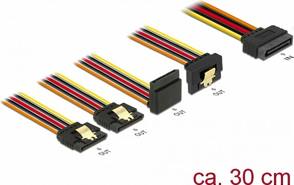 Kabllo power SATA DeLOCK 60148, 1x SATA 15-pin në 4x SATA 15-pin, 0.3 m, AWG22, multicolor