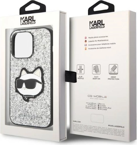 Mbështjellës Karl Lagerfeld Glitter Choupette për iPhone 14 Pro Max 6.7", argjendtë