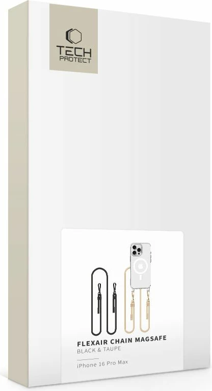 Mbështjellës Tech-Protect FlexAir Chain MagSafe për iPhone 16 Pro Max, Transparent + 2 rripa (zi dhe bezhë)
