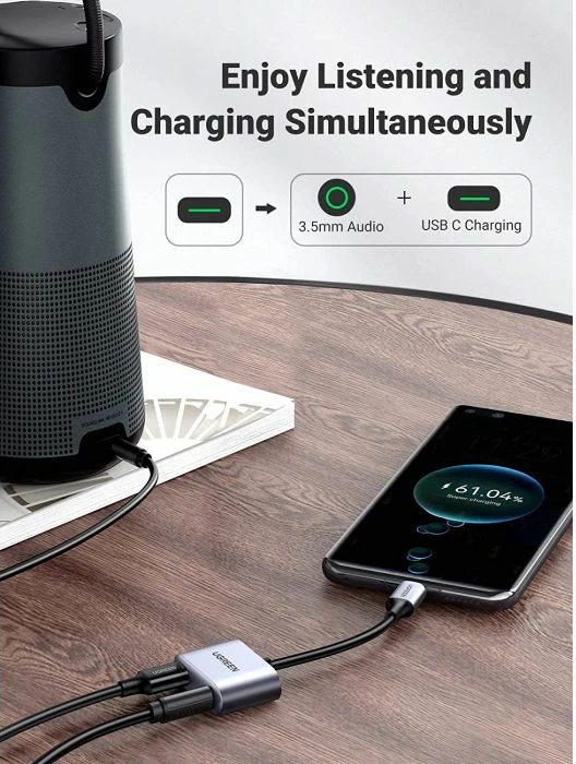 adapter USB-C në 3.5mm + USB-C UGREEN 60164, 2-në-1, PD 60W, DAC 24bit/96kHz, gri