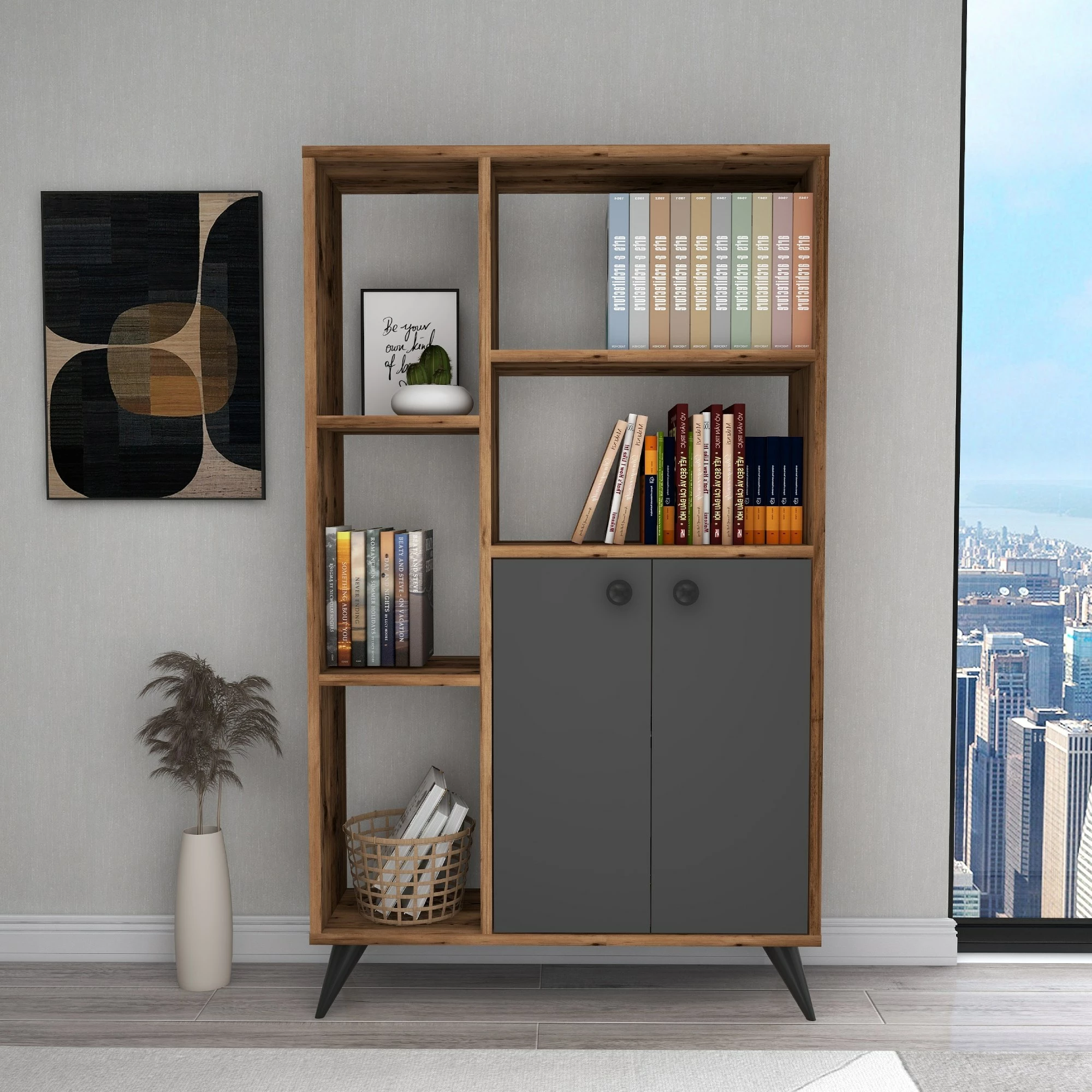 Raft librash Hanah Home, Meldan, ngjyrë arrë e çelët, antracit