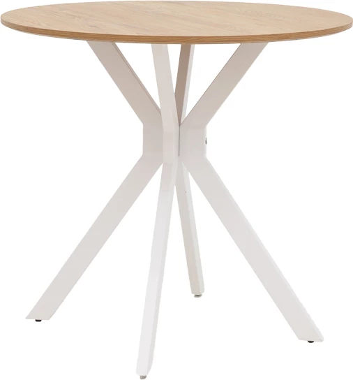 Tavolinë Xuson, mdf natyral, këmbë metali të bardha, D80x75cm