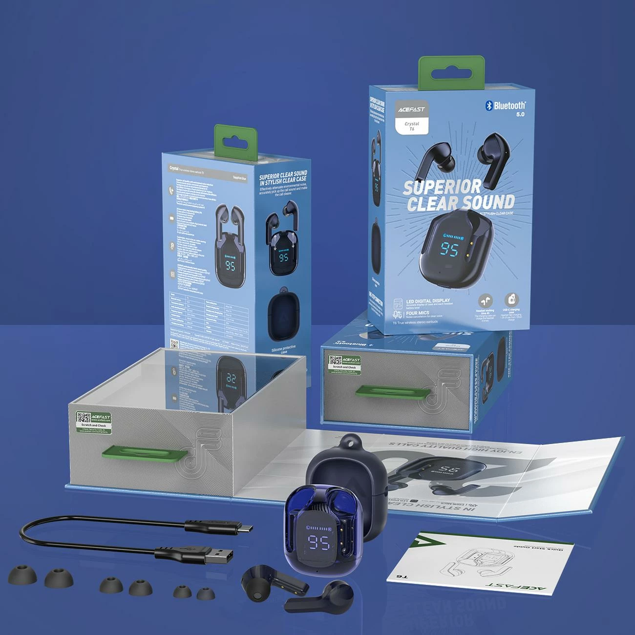 Kufje Acefast T6 TWS wireless, Bluetooth, me ekran LED, Blu