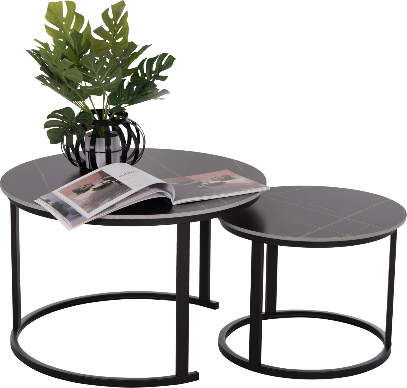 Set tavolina kafeje 2 copë, sipërfaqe qeramike, pamje mermeri të zi, TALOS FH18140.02, Φ70x45.5cm