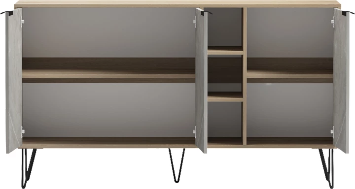 Bufe Balain, pamje mermeri gri-bezhë, këmbë të zeza, 142x35.5x83cm