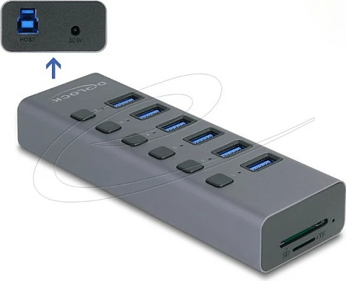 USB Hub DeLOCK 6-Port 5Gbps me switch + lexues SD/MicroSD, gri