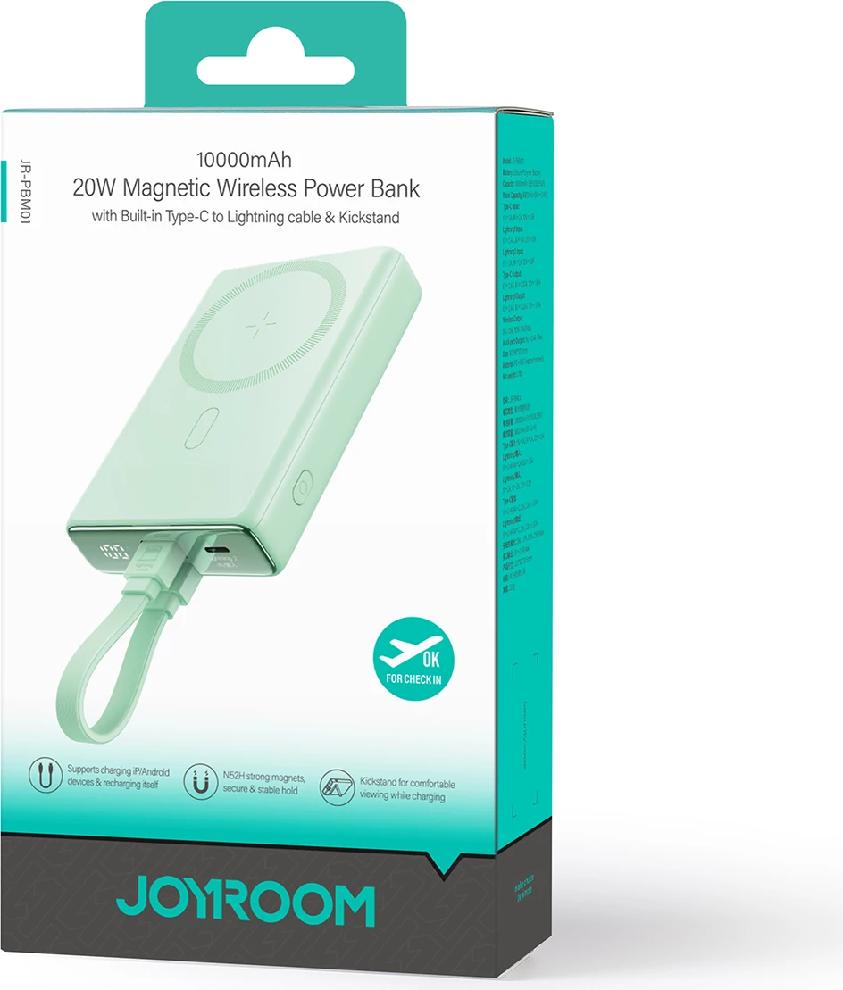 Powerbank Joyroom JR-PBM01, 10000mAh, 20W, me magnet, me mbajtëse, me kabllo Lightning-USB-C, e gjelbër