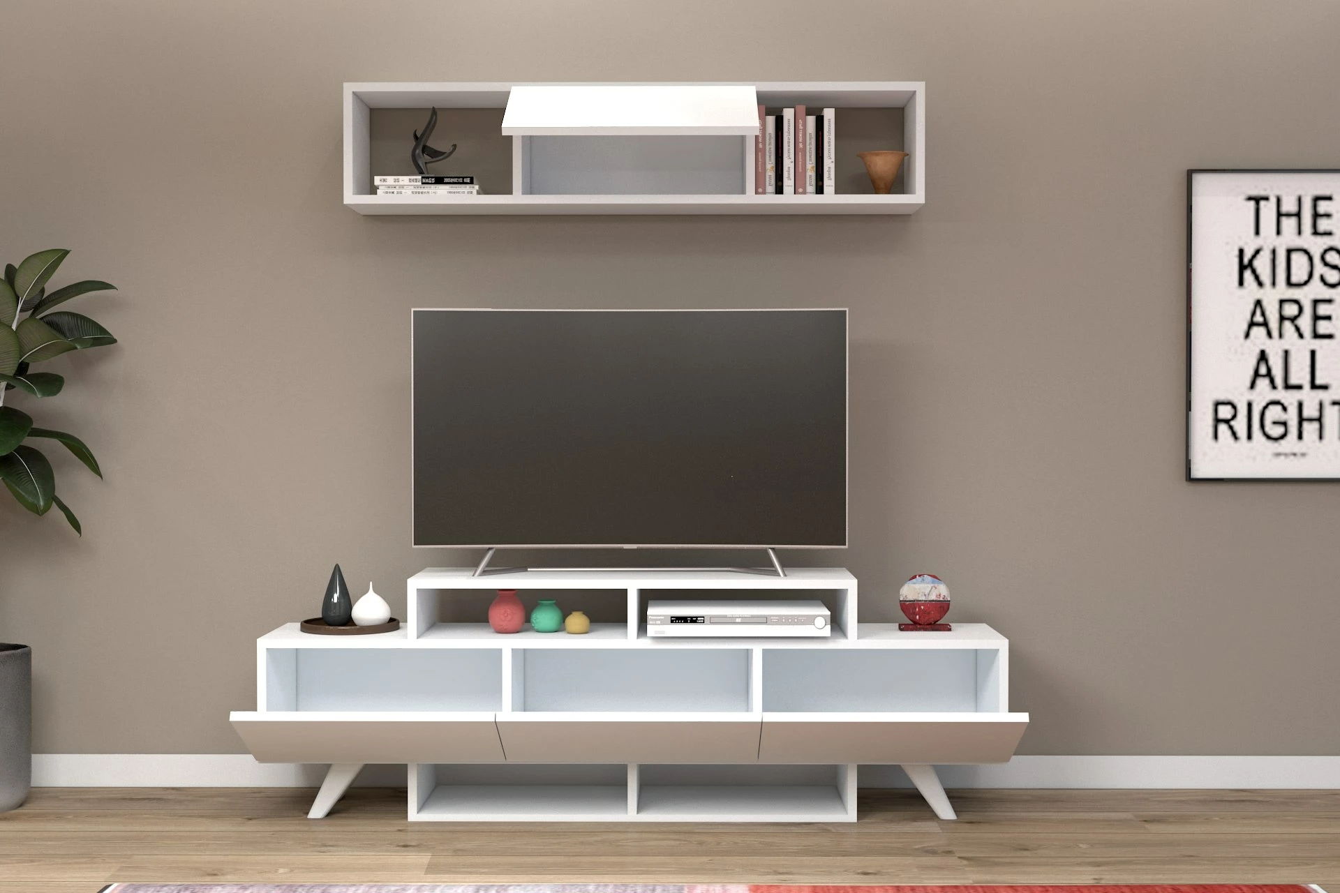 Set komodë TV me raft, ngjyrë e bardhë, Alwin Unit