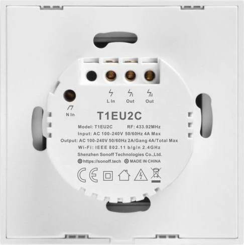 Switch muri smart SONOFF T1EU2C-TX, Wi-Fi + RF433, 2-kanal, EU, i bardhë