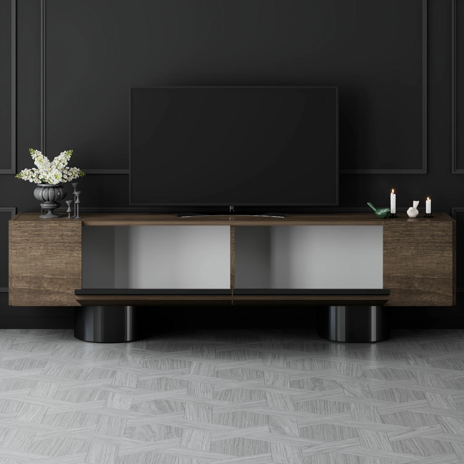 Komodë TV Skye Decor, bohem, ngjyrë arre dhe e zezë