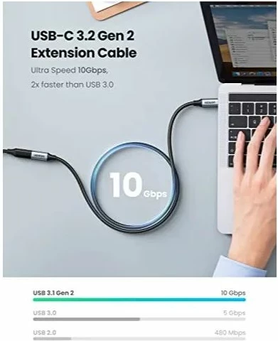 Zgjatues kabllo USB-C UGREEN 30205, 1m, USB 3.1 Gen 2 10Gbps, 5A PD100W, Thunderbolt 3, alumini, e zez/argjendtë, PolyBag