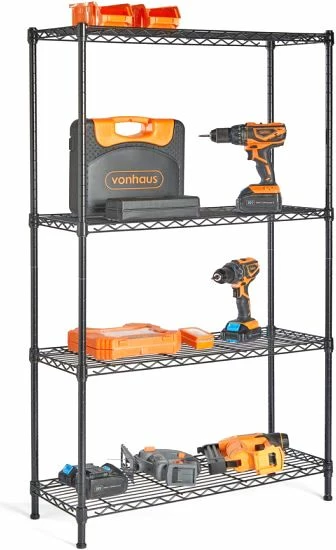 Raft metalik me tela VONHAUS 3500254, 4-katësh, 100 kg/raft, lartësi e rregullueshme, këmbë të rregullueshme, i zi