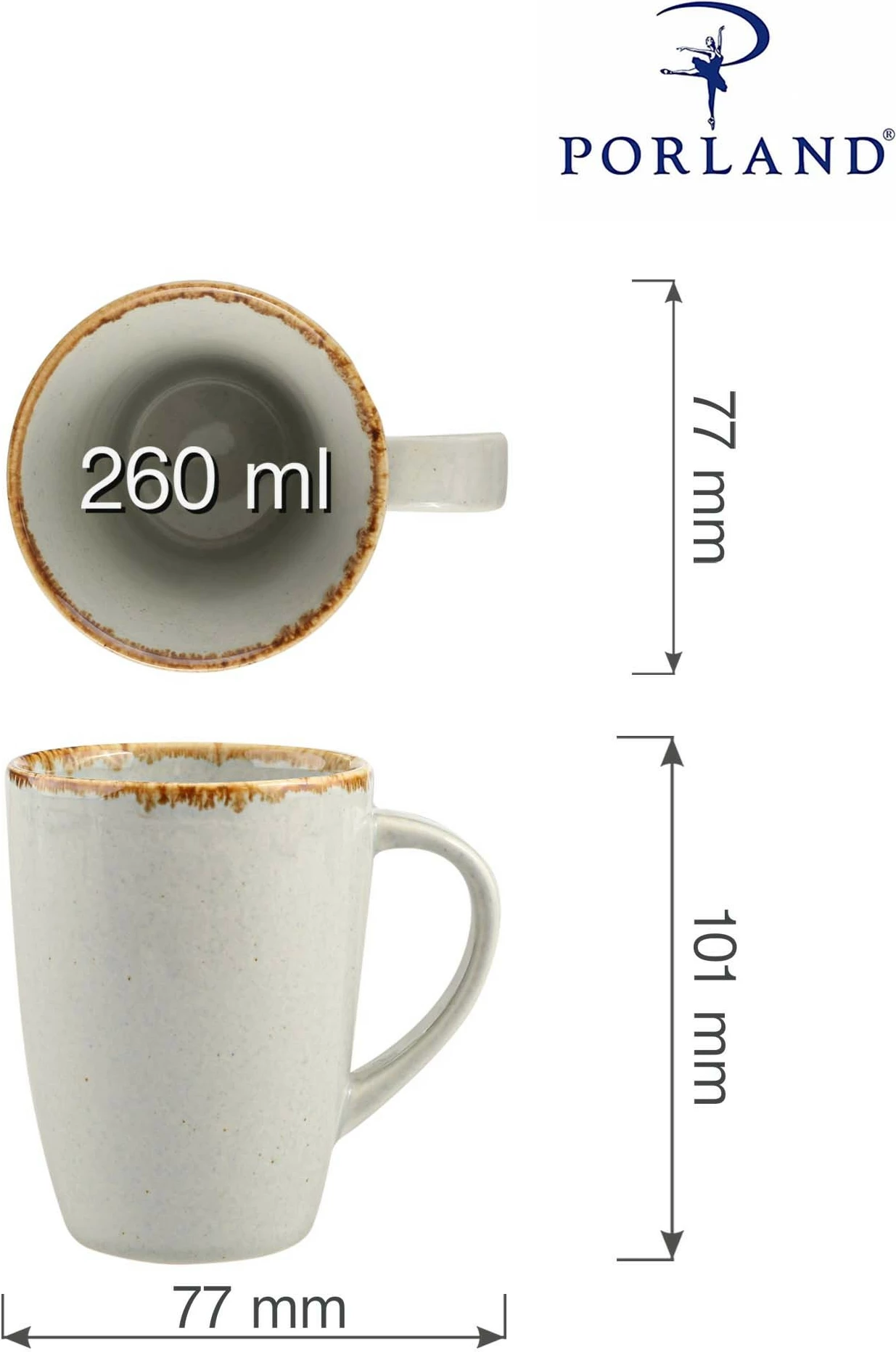 Mug porcelani Porland Seasons Ashen 260 ml, gri, set 6 copë