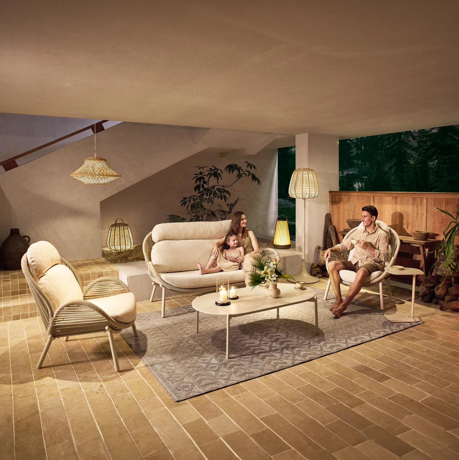 Set lounge 4 pjesësh RIVEN, alumin, litar, stof bezhë, CD6418.01
