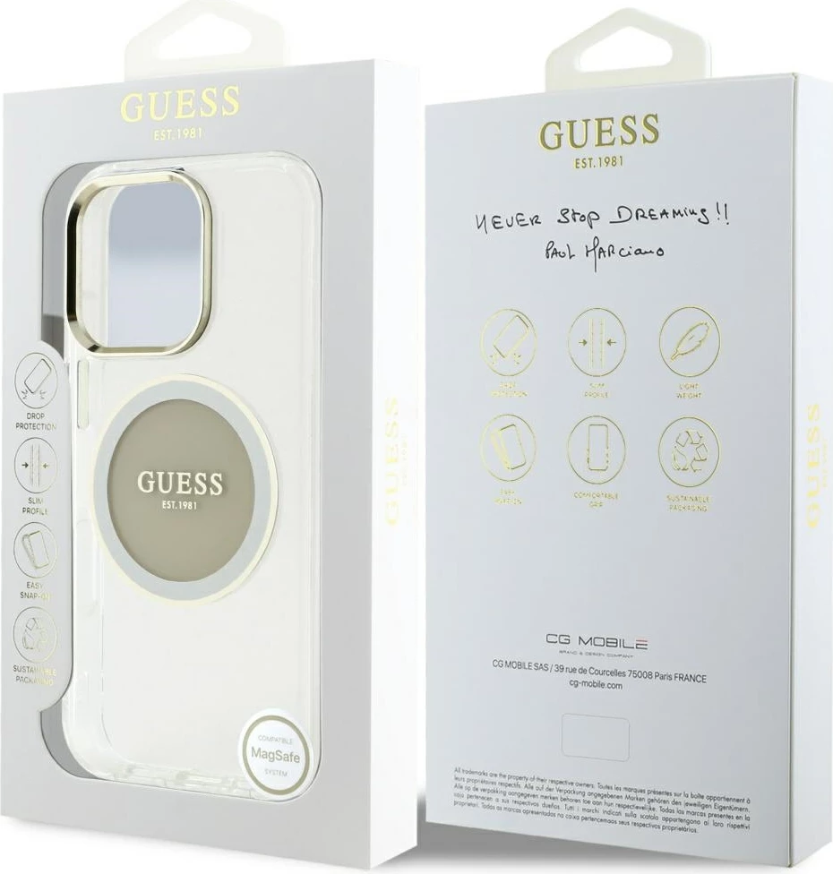 Mbështjellës Guess IML Metal Colored Circle Classic Logo MagSafe për iPhone 16 Pro, Gri