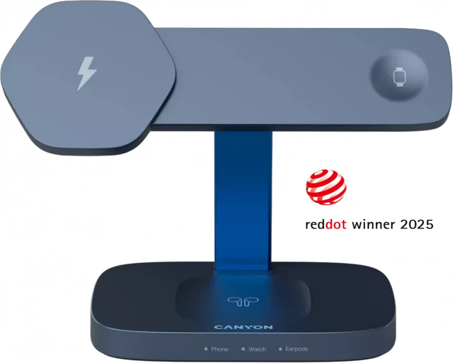 Stacion karikimi pa kabllo CANYON Hexagon WCS-310 3në1 15 W, Dark Grey/Blue, me adapter PD 20W + kabllo USB-C