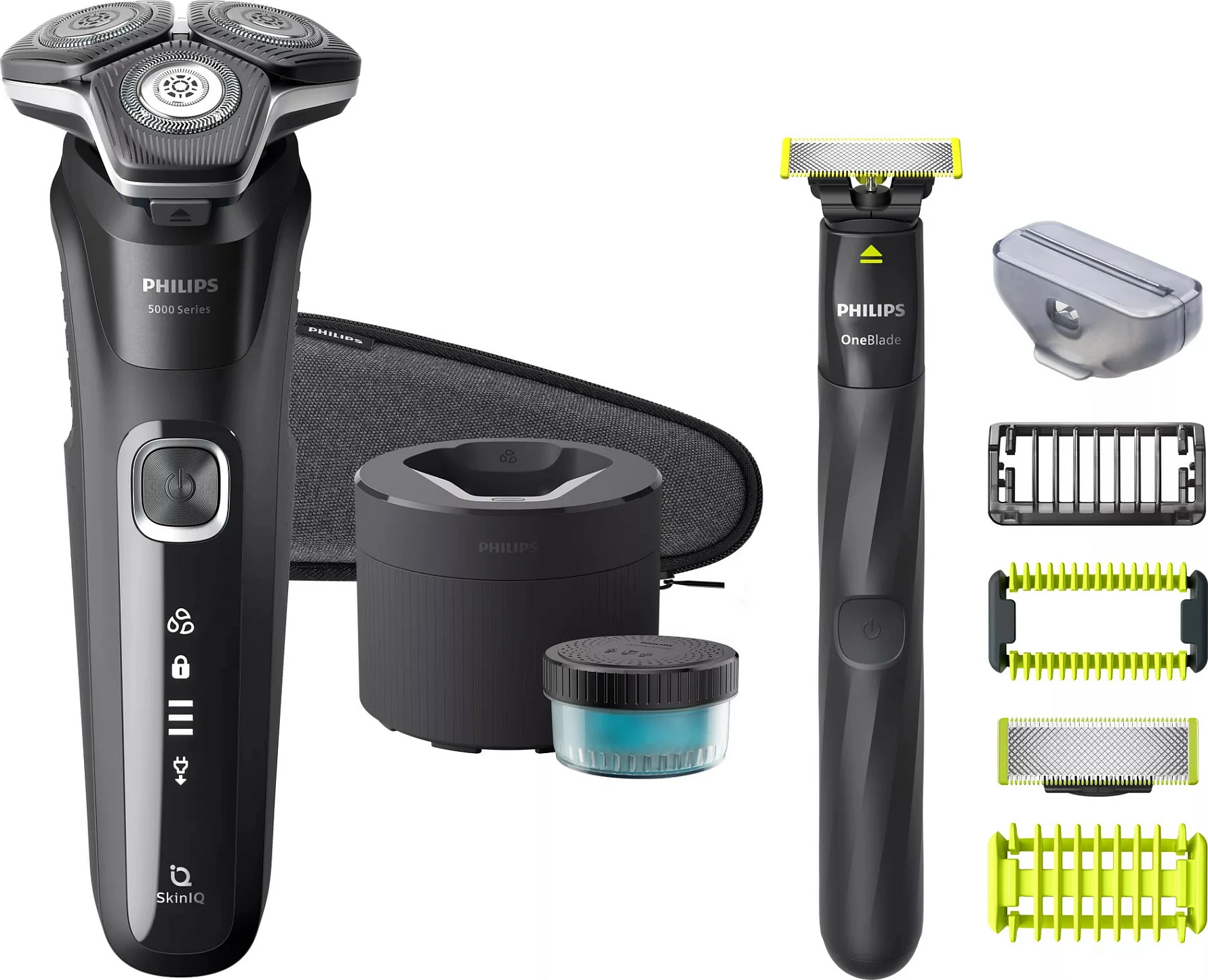 Makinë rroje Philips Shaver Series 5000 S5898/79, set me OneBlade dhe aksesorë, e zezë/gri