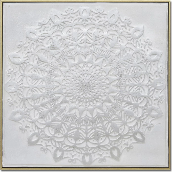 Pikturë dekorative mandala, kanavacë, ngjyrë e bardhë dhe ari, 62x62x5cm