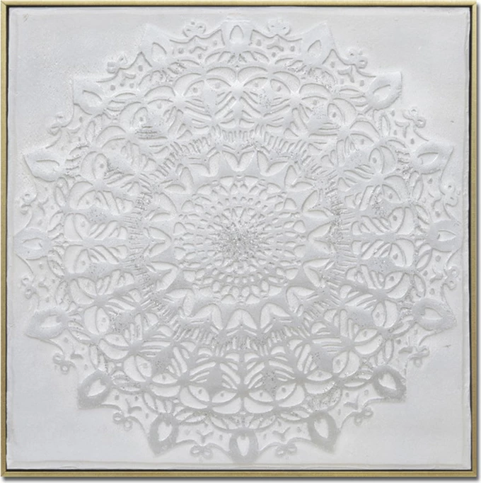 Pikturë dekorative mandala, kanavacë, ngjyrë e bardhë dhe ari, 62x62x5cm