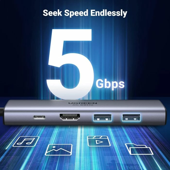USB-C hub UGREEN 60384, 6-në-1, HDMI 4K@60Hz, PD 100W, 2x USB 3.0, lexues kartelash SD/microSD, gri