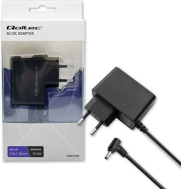 Adapter energjie Qoltec 51030, 10.5W, 5V, 2.1A, prizë 3.5x1.35 mm, i zi