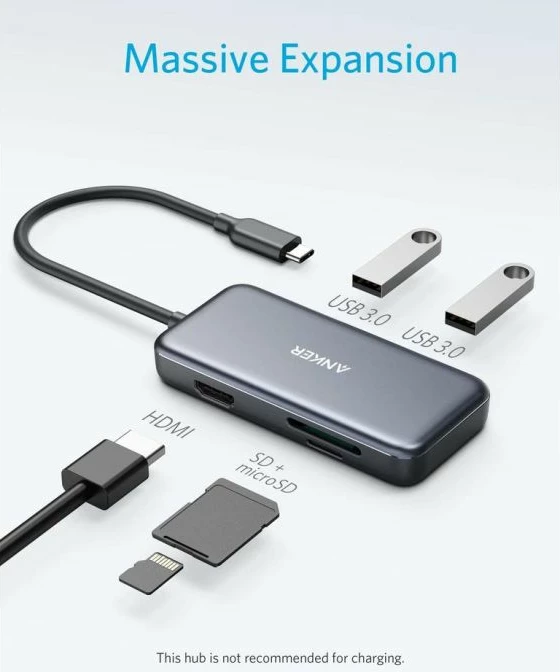 Hub USB-C ANKER A8334HA1 5-në-1 2x USB-A USB 3.0, HDMI 4K, SD/microSD, gri e errët, me këllëf udhëtimi