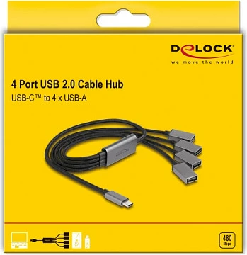 USB hub DeLOCK 4-port USB 2.0, USB-C në 4x USB-A, kabllo 0.6 m, metal, zi/gri