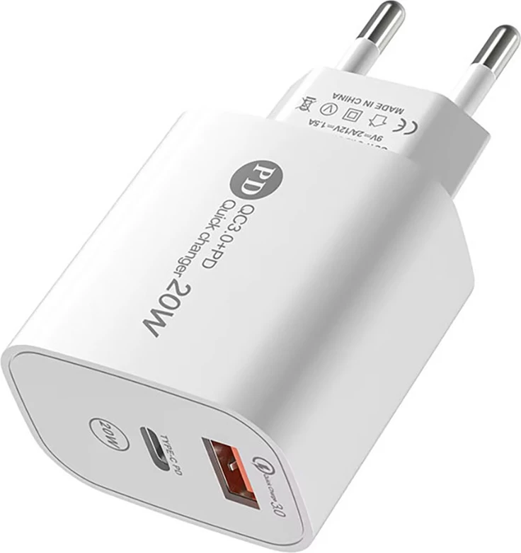 Karikues muri Hurtel A6MaxL, 20W, 2 porta USB-A/USB-C, me kabllo USB-C - USB-C 1m, Bardhë