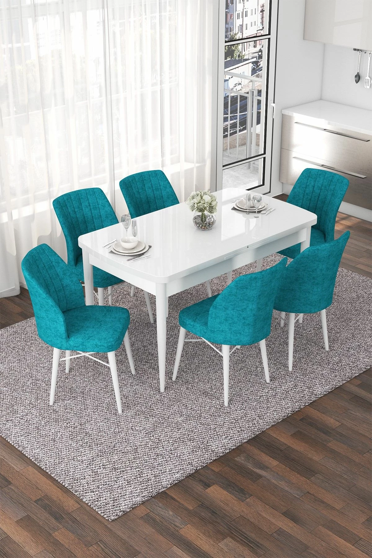 Tavolinë me karrige për ngrënie, e zgjatshme, 7 copë, ngjyrë e bardhë dhe tyrkiz, Skye Decor