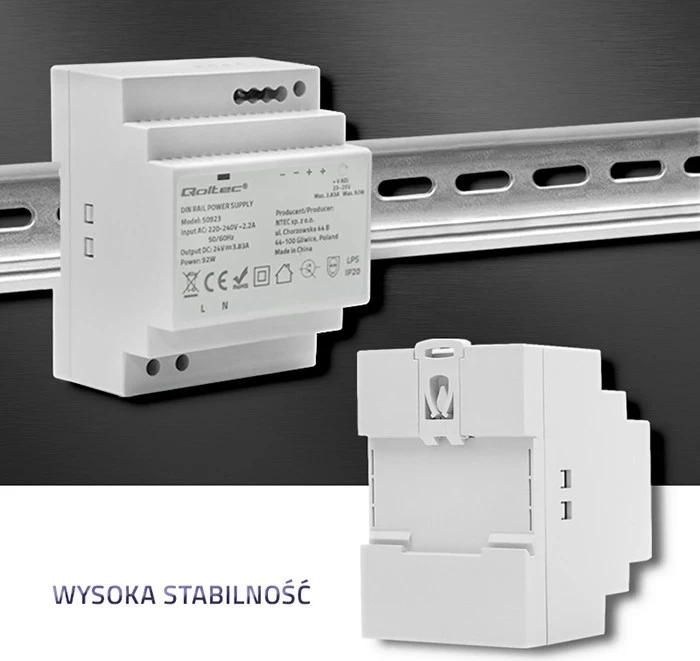 Zasilacz DIN Qoltec 92W 24V 3.83A, Gri