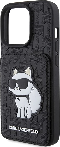 Mbështjellës Karl Lagerfeld Saffiano Cardslots & Stand Monogram Choupette për iPhone 15 Pro Max, i zi