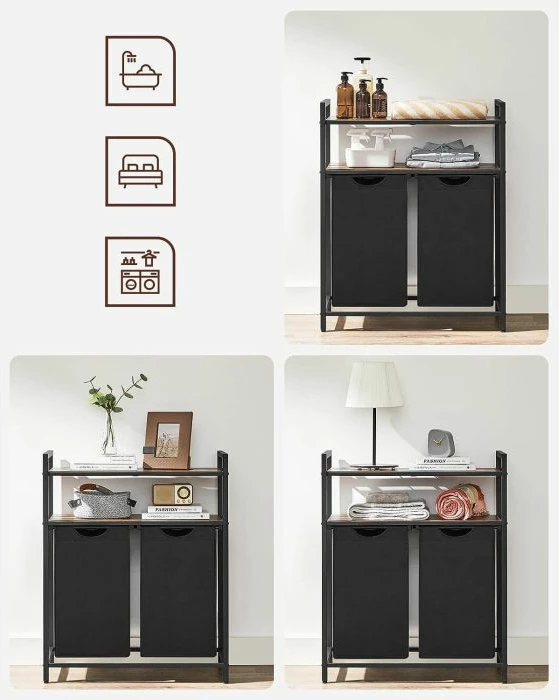 Kosh rrobash VASAGLE BLH211B01, 2 ndarje (2 shporta 2x46 L), me 2 rafte, 73x33x91 cm, kafe rustike/zi