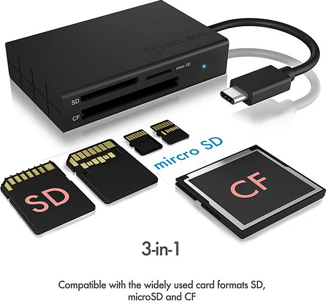 Adapter lexues kartelash ICY BOX, USB-C, SD/microSD/CF, USB 3.2 Gen 1, i zi