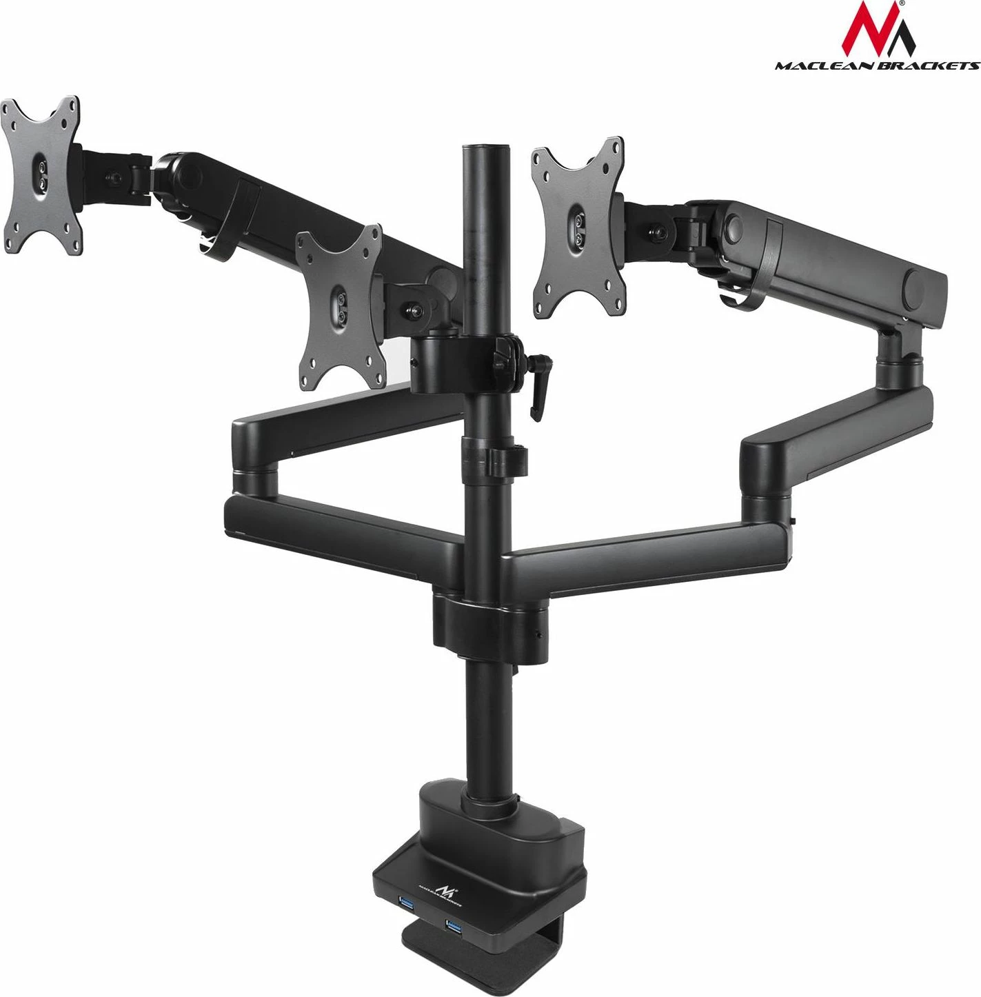 Mbajtëse tavoline për 3 monitorë Maclean MC-811 17"-27" VESA 75x75/100x100 me USB 3.0, e zezë