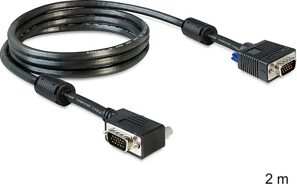 Kabllo VGA DeLOCK SVGA 2 m, D-Sub 15-pin, Male/Male, konektor këndor, e zezë