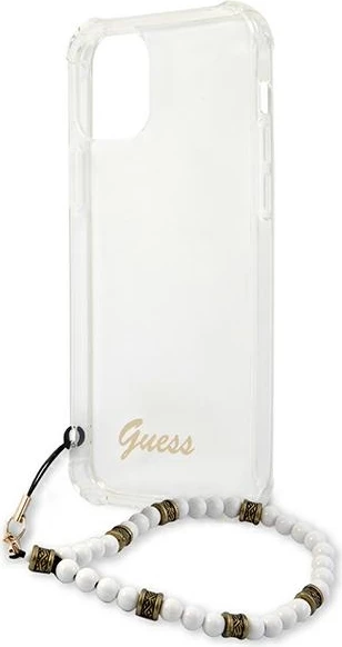 Mbështjellës Guess GUHCP12MKPSWH për iPhone 12/12 Pro 6.1", transparent me varëse perlë