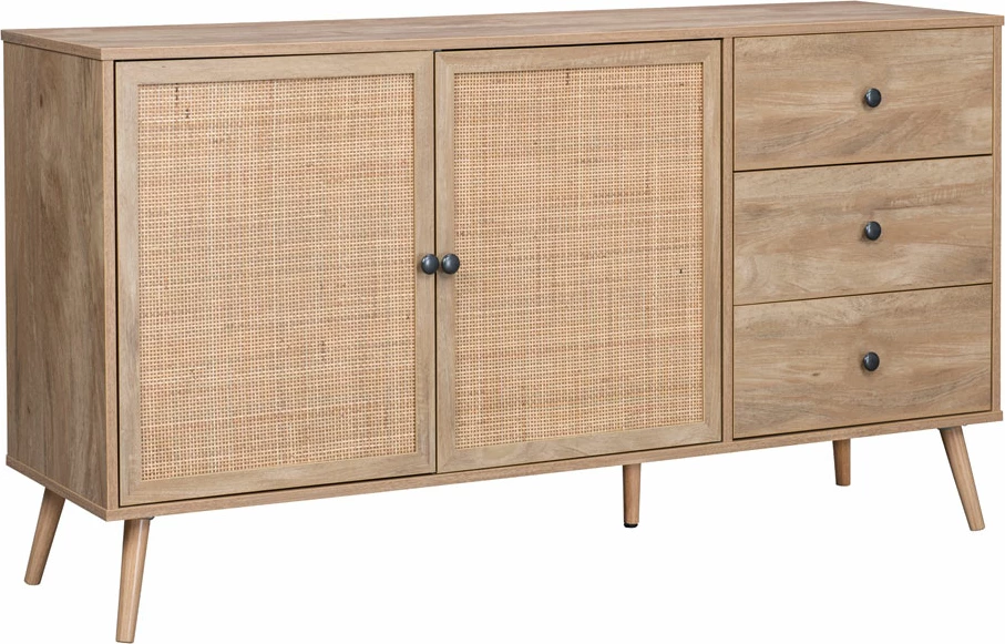 Komodë Ammos me 3 sirtarë, natyrale me ratan, 150x39x79