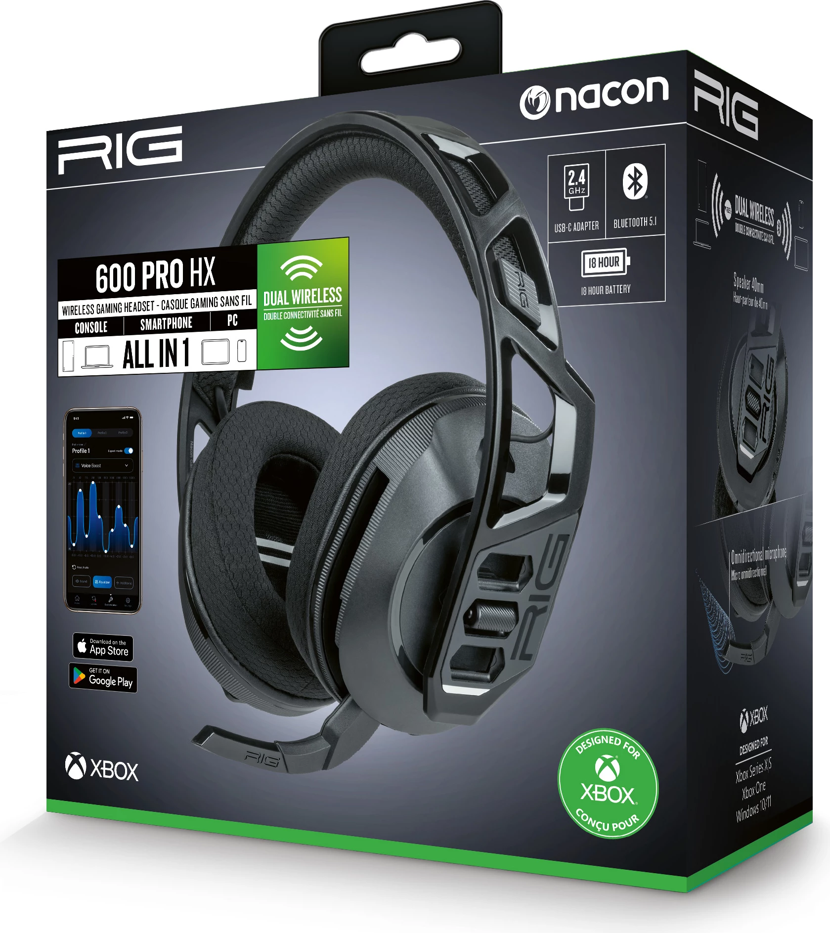 Kufje gaming Nacon RIG 600 Pro HX, wireless, over-ear, surround sound, Bluetooth 5.1/2.4GHz USB-C, 40mm, mikrofon me anulim zhurme, e zeza