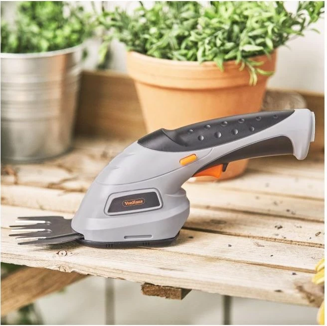 Trimmer pa kabllo 2-në-1 VONHAUS 2500259, 3.6V Li-ion, teh 10 cm + gërshërë bari 7 cm, adaptor UK/EU, gri/zi/portokalli