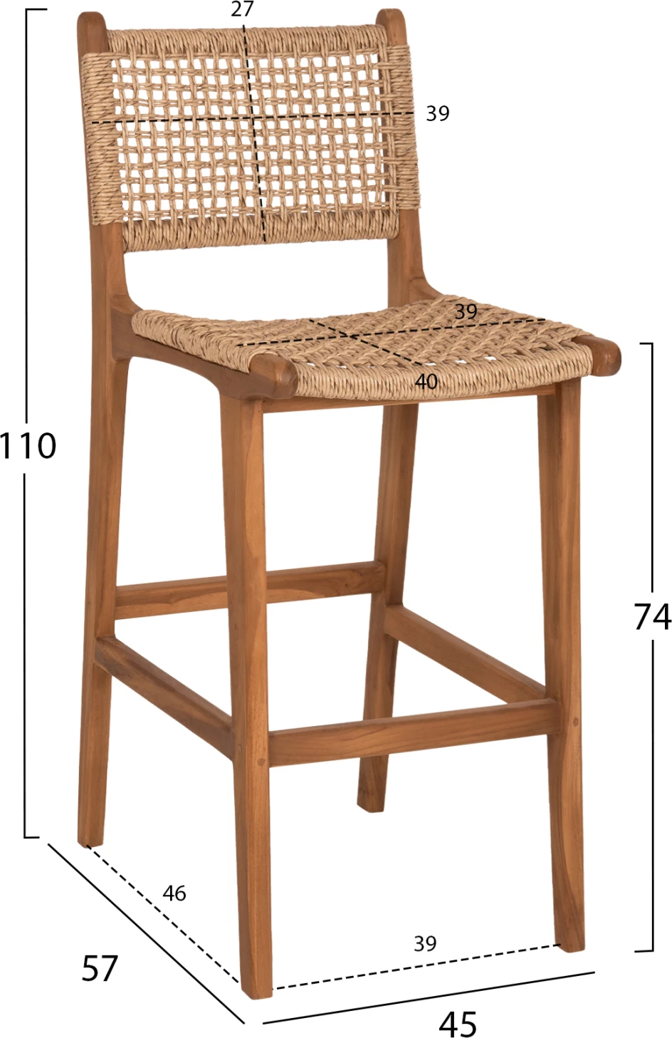 Karrige për bar me shpinë NESHA FH9788 dru TEAK, litar natyral-bezhë, 45x57x110H cm