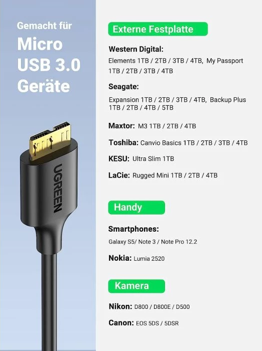 Kabllo USB 3.0 UGREEN 10843 USB-A në Micro-B, 2 m, 5 Gbps, e zezë