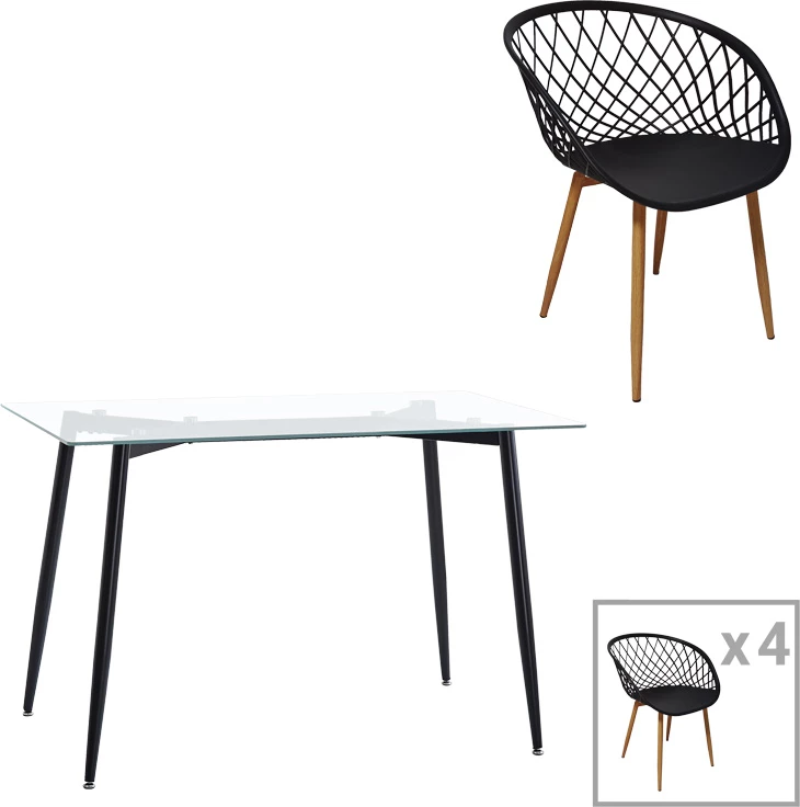 Set tavolinë me karrige Quana-Ezra, xham 8mm, këmbë të zeza, 120x70x75cm, 5 copë